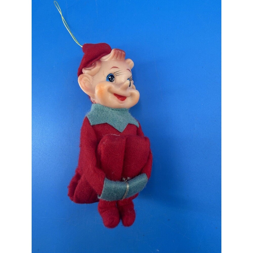 Vintage 50’s Knee Hugger Pixie Elf Christmas Ornaments Plastic Face Red Felt